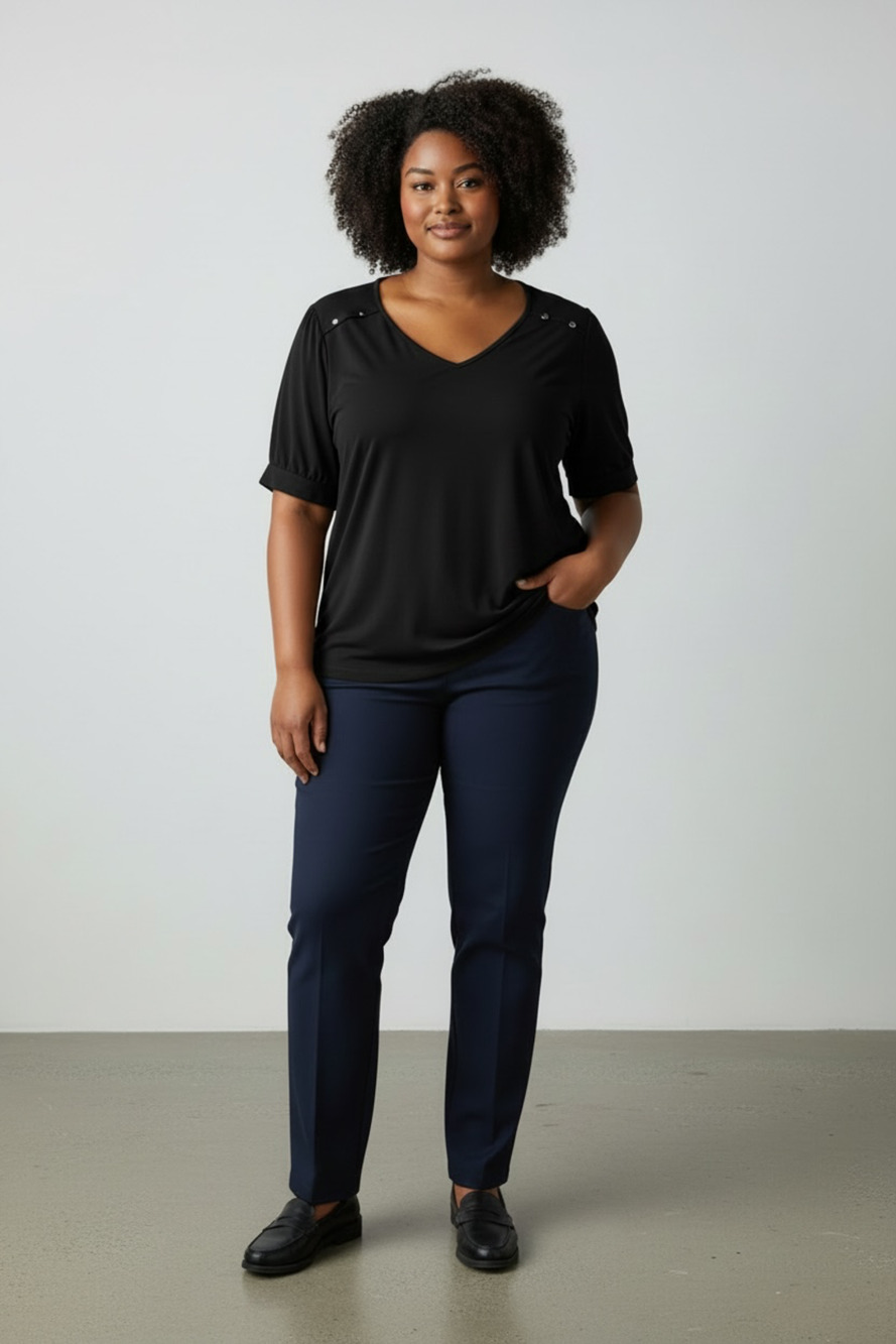 Ava James Black V-Neck Top Size 3X Grommet Shoulder